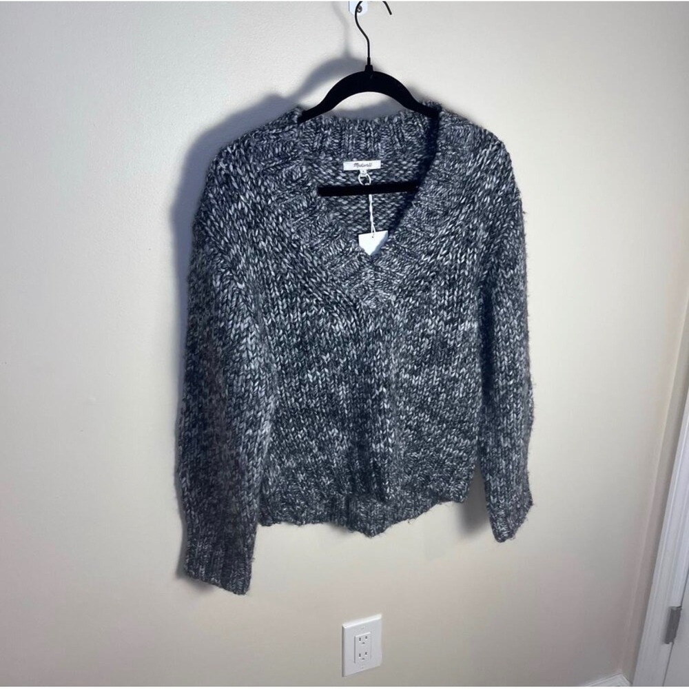 Madewell Sweater Women S Black White Italian Yarn Wool Alpaca V-Neck Marled Knit - Picture 2 of 7